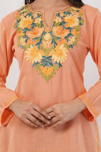 Kashmiri Aari embroidery Cotton Short Kurti Size-36( Peach)