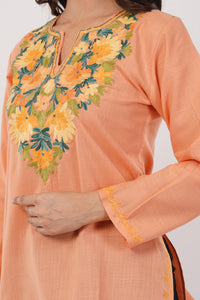 Kashmiri Aari embroidery Cotton Short Kurti Size-36( Peach)