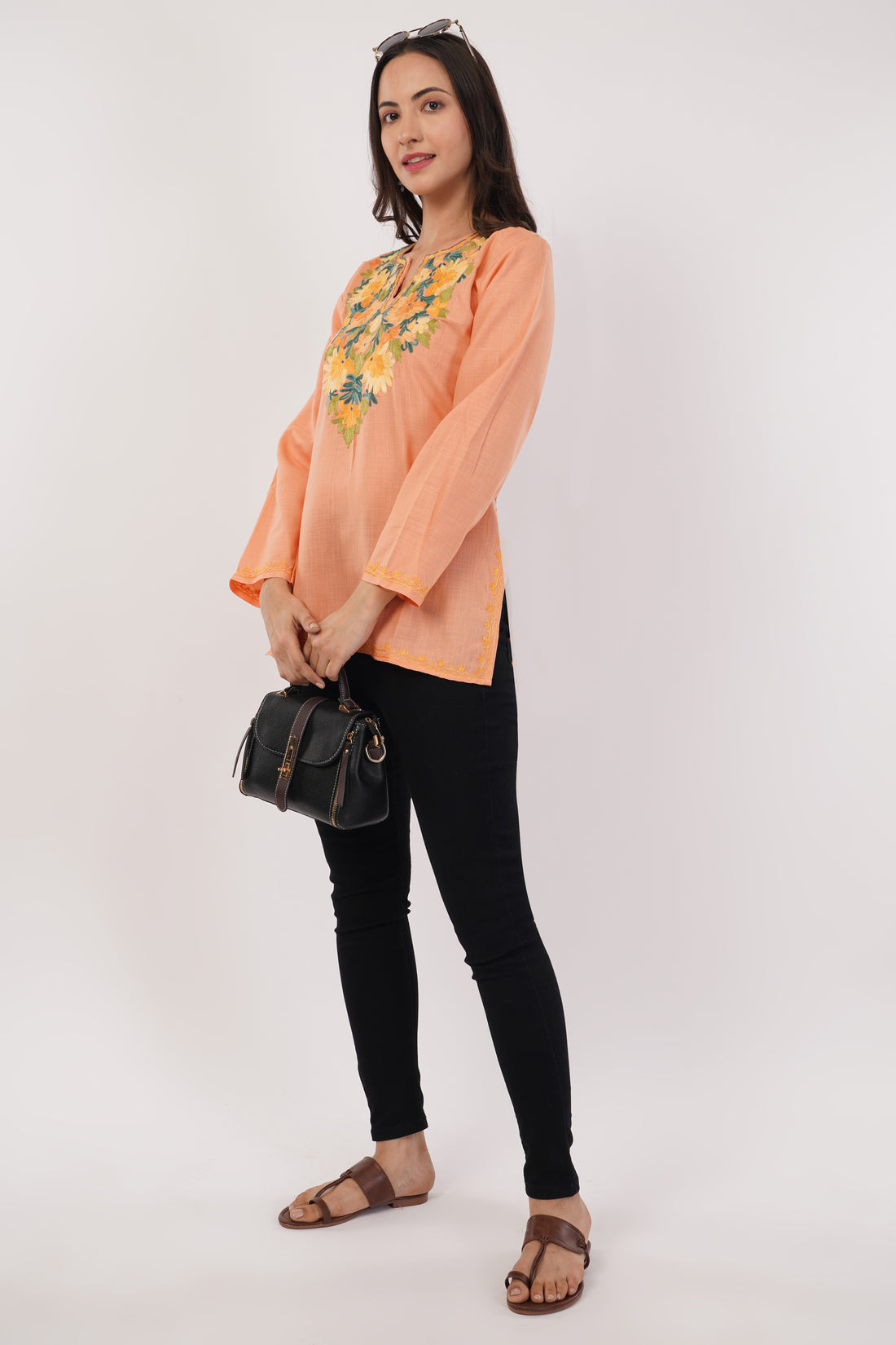 Kashmiri Aari embroidery Cotton Short Kurti Size-36( Peach)