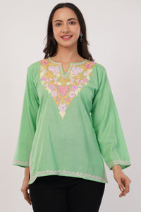 Kashmiri Aari embroidery Cotton Short Kurti Size-38(Green)