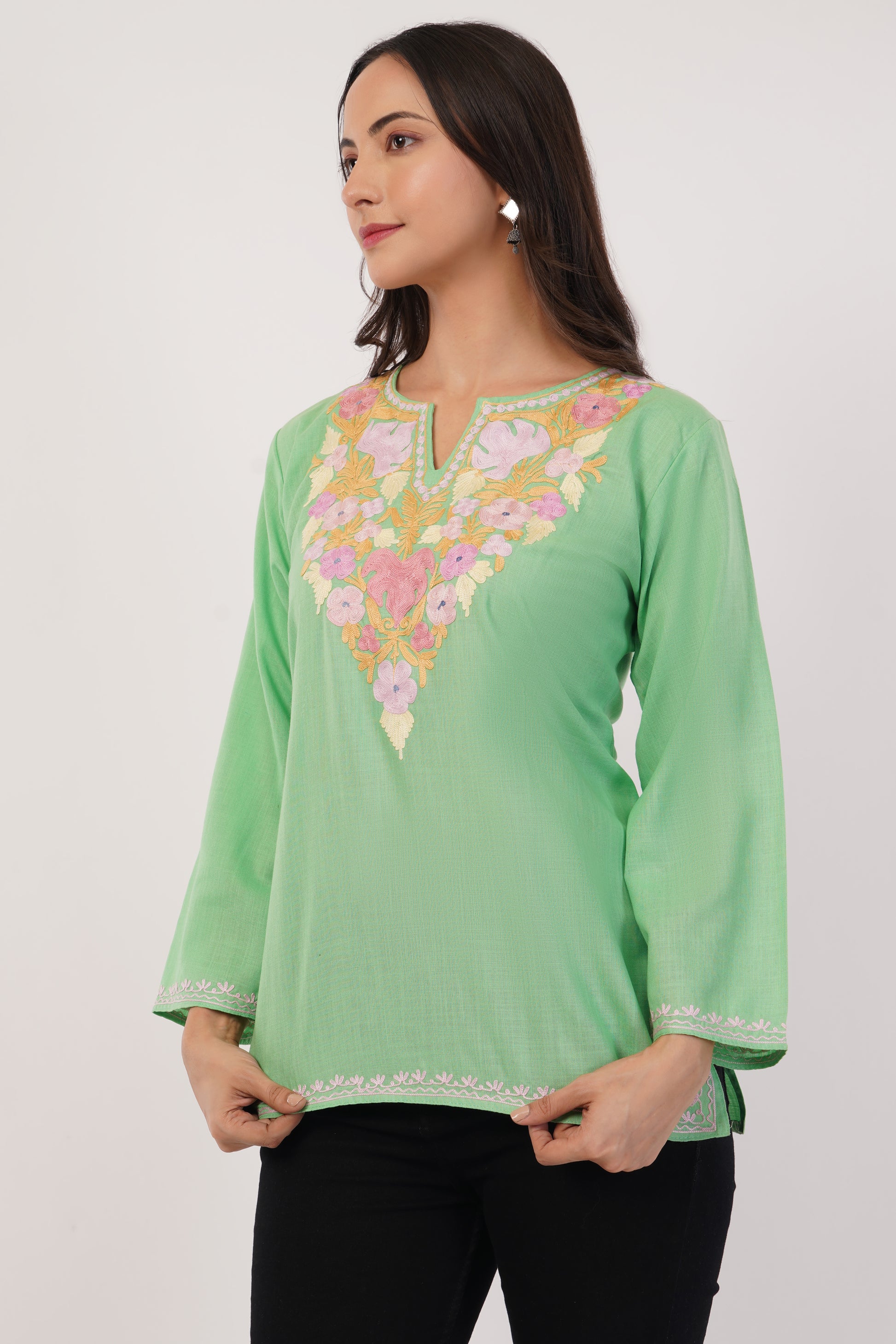 Kashmiri Aari embroidery Cotton Short Kurti Size-38(Green)