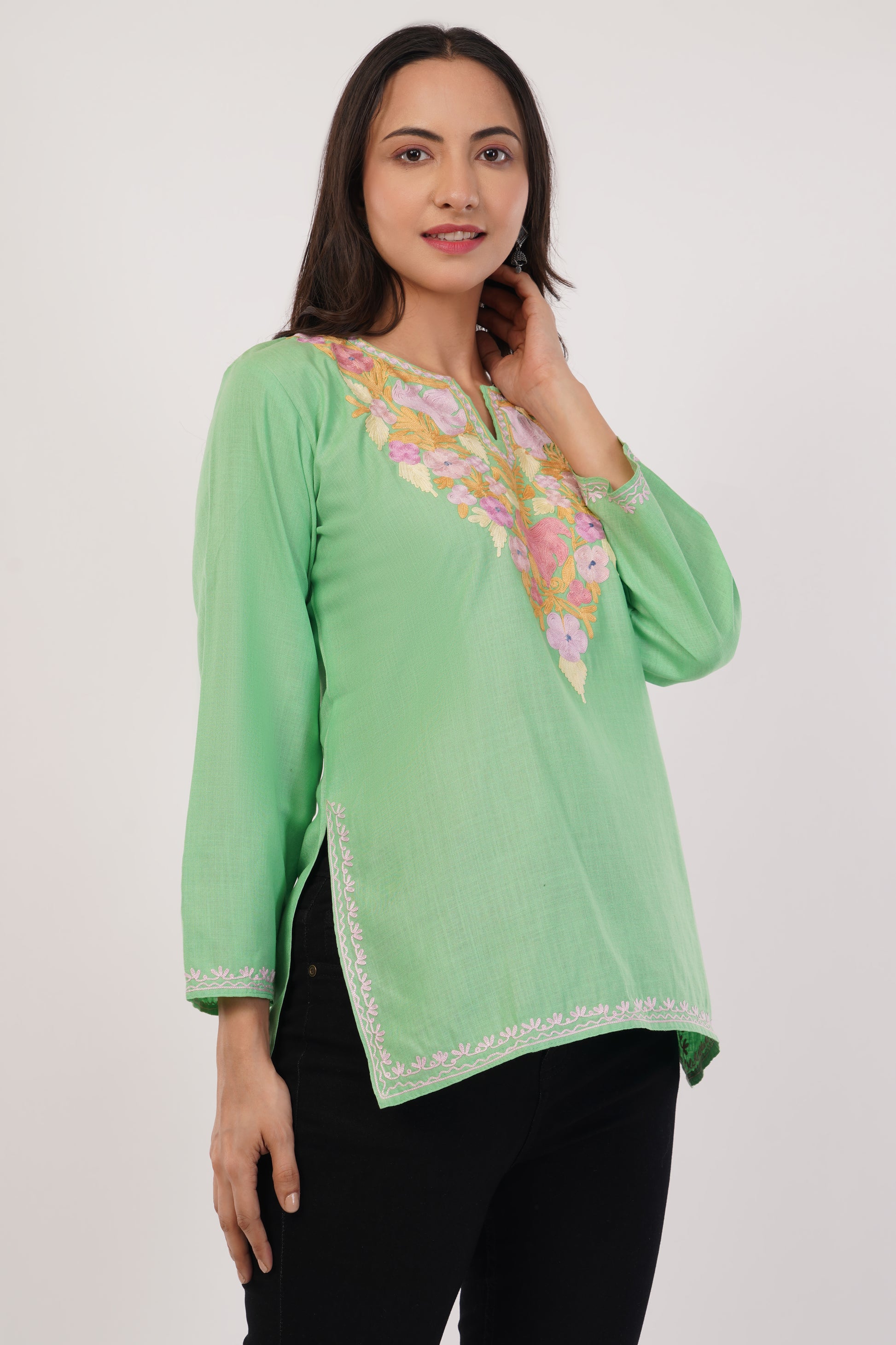 Kashmiri Aari embroidery Cotton Short Kurti Size-38(Green)