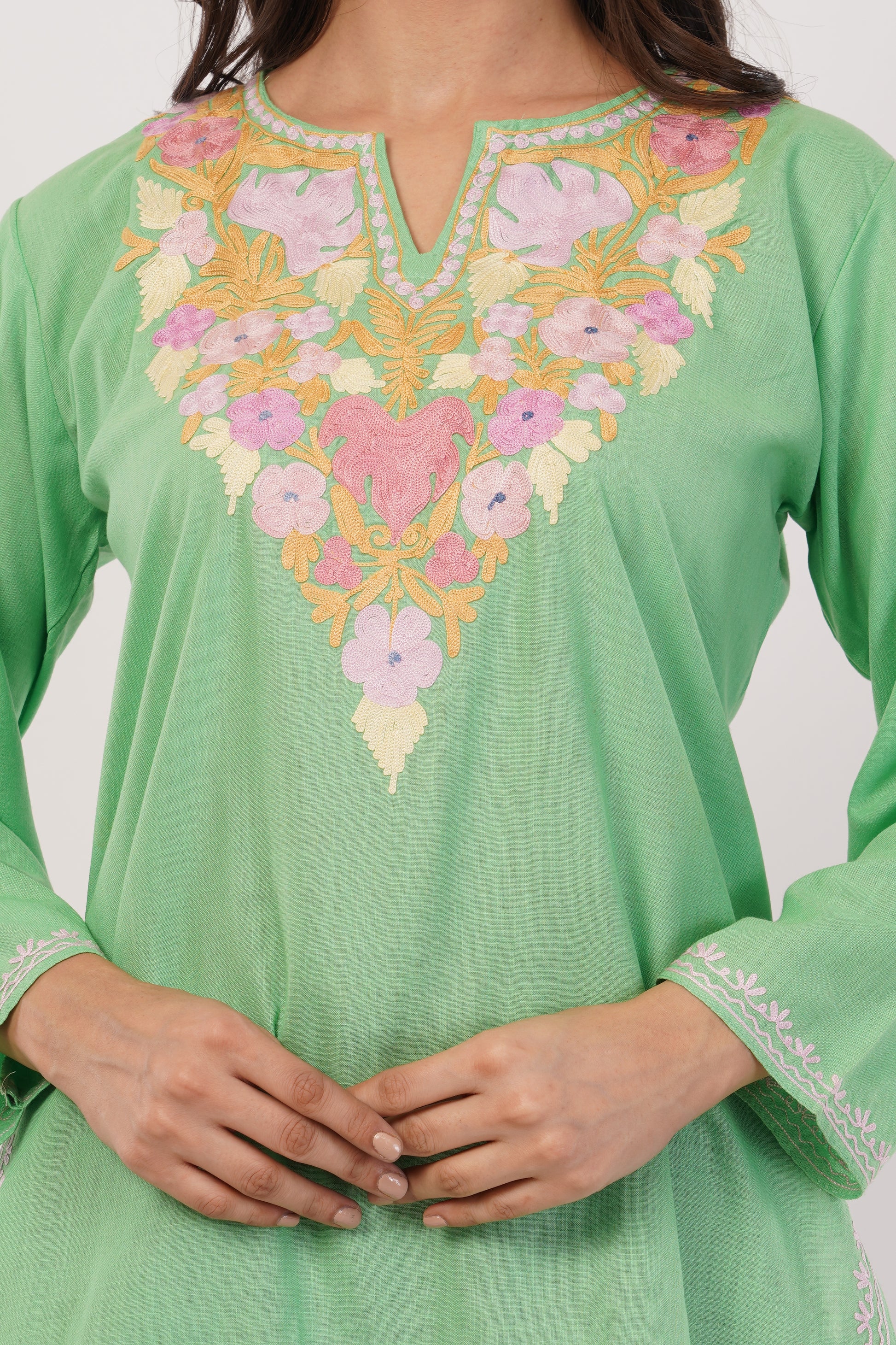 Kashmiri Aari embroidery Cotton Short Kurti Size-38(Green)