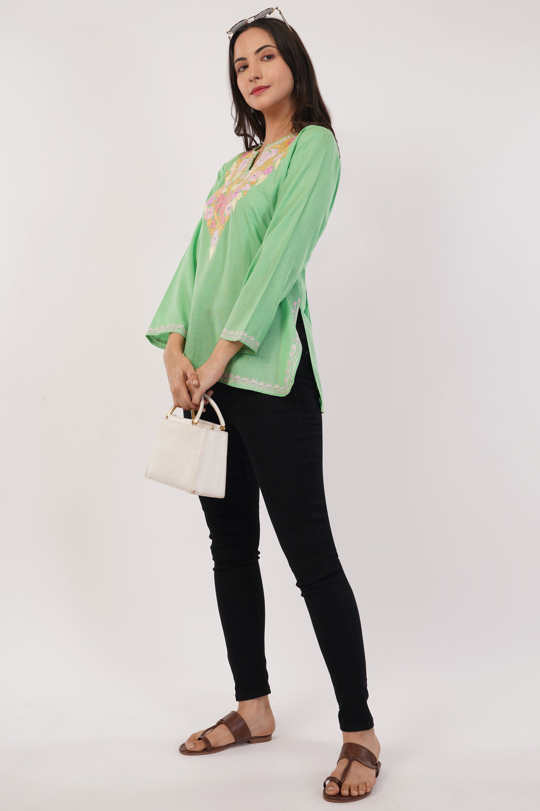 Kashmiri Aari embroidery Cotton Short Kurti Size-38(Green)