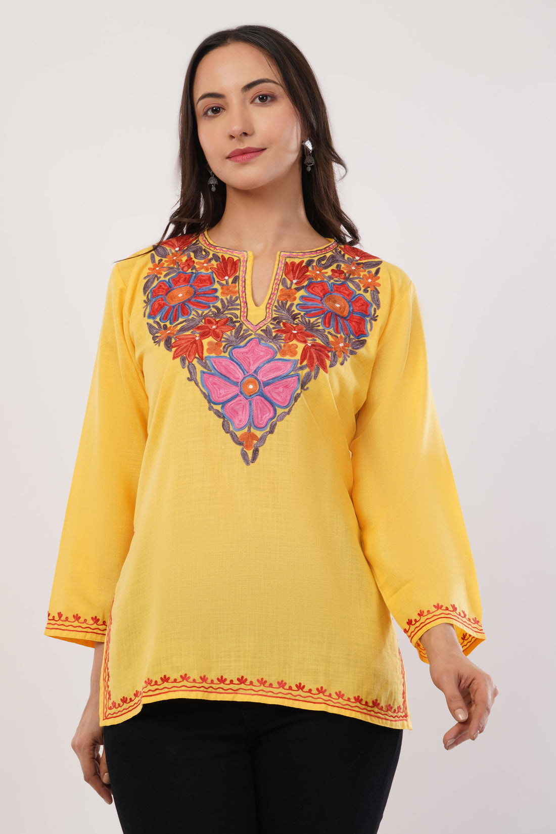 Kashmiri Aari embroidery Cotton Short Kurti Size-38( Yellow)