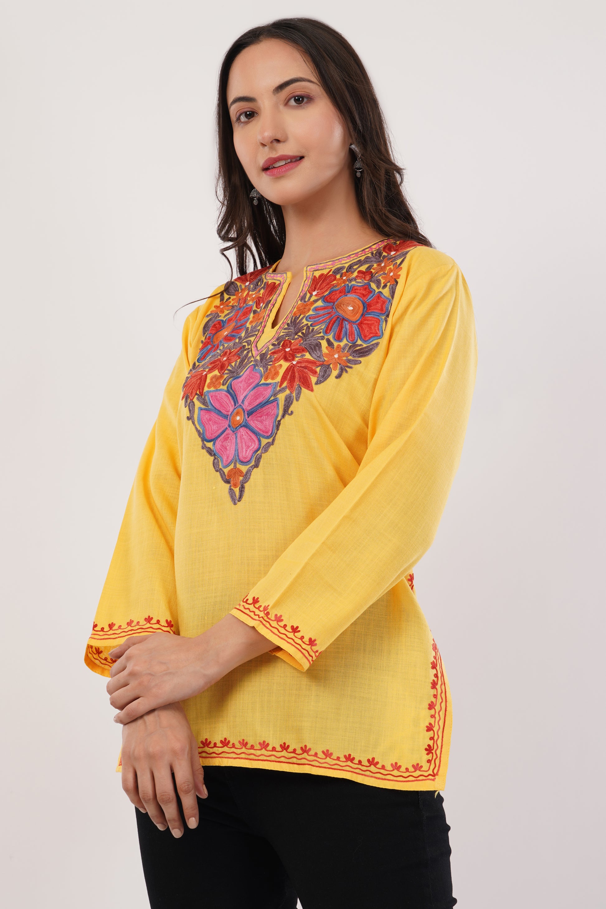 Kashmiri Aari embroidery Cotton Short Kurti Size-38( Yellow)
