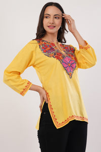 Kashmiri Aari embroidery Cotton Short Kurti Size-38( Yellow)