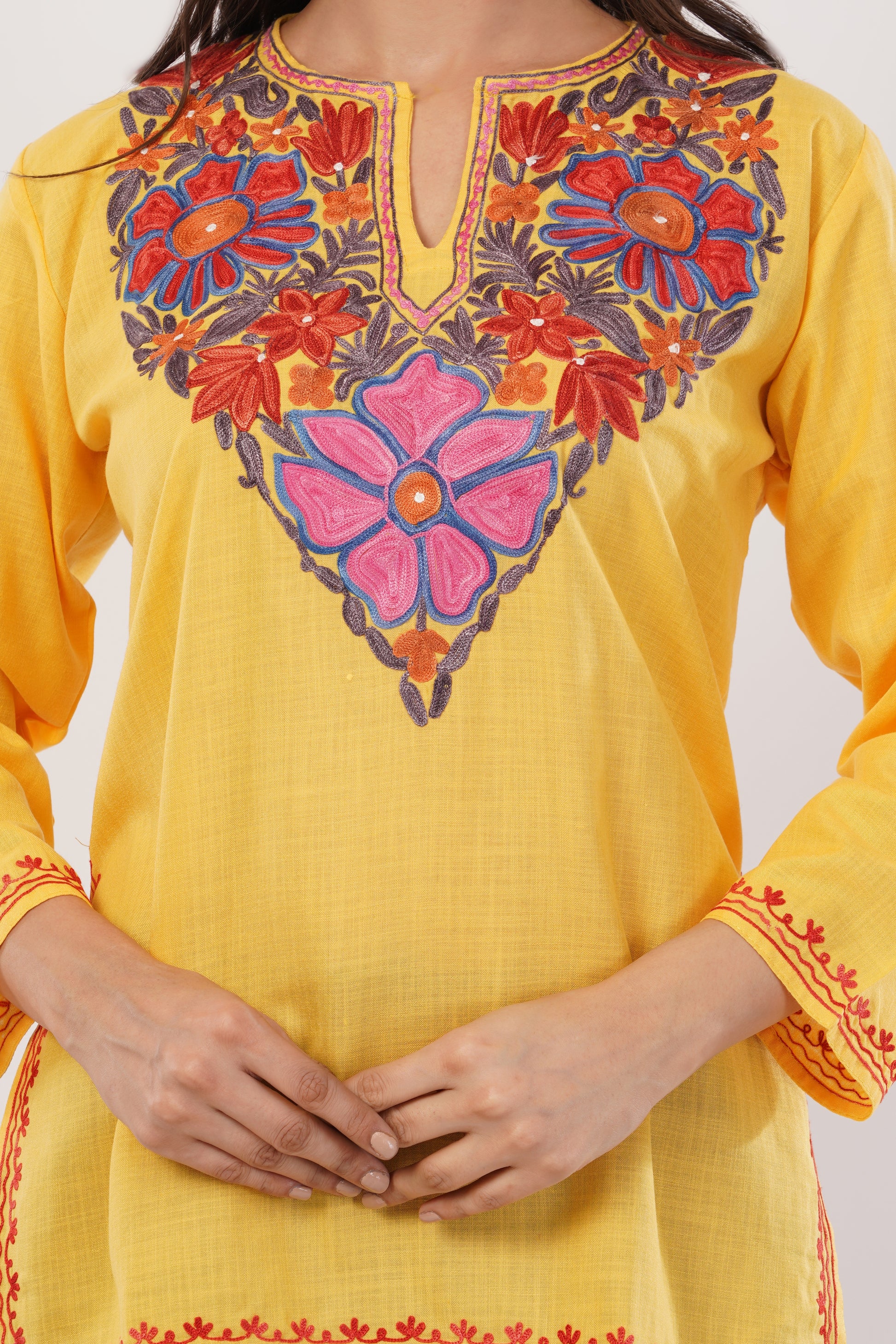 Kashmiri Aari embroidery Cotton Short Kurti Size-38( Yellow)