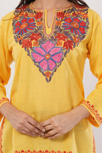 Kashmiri Aari embroidery Cotton Short Kurti Size-38( Yellow)
