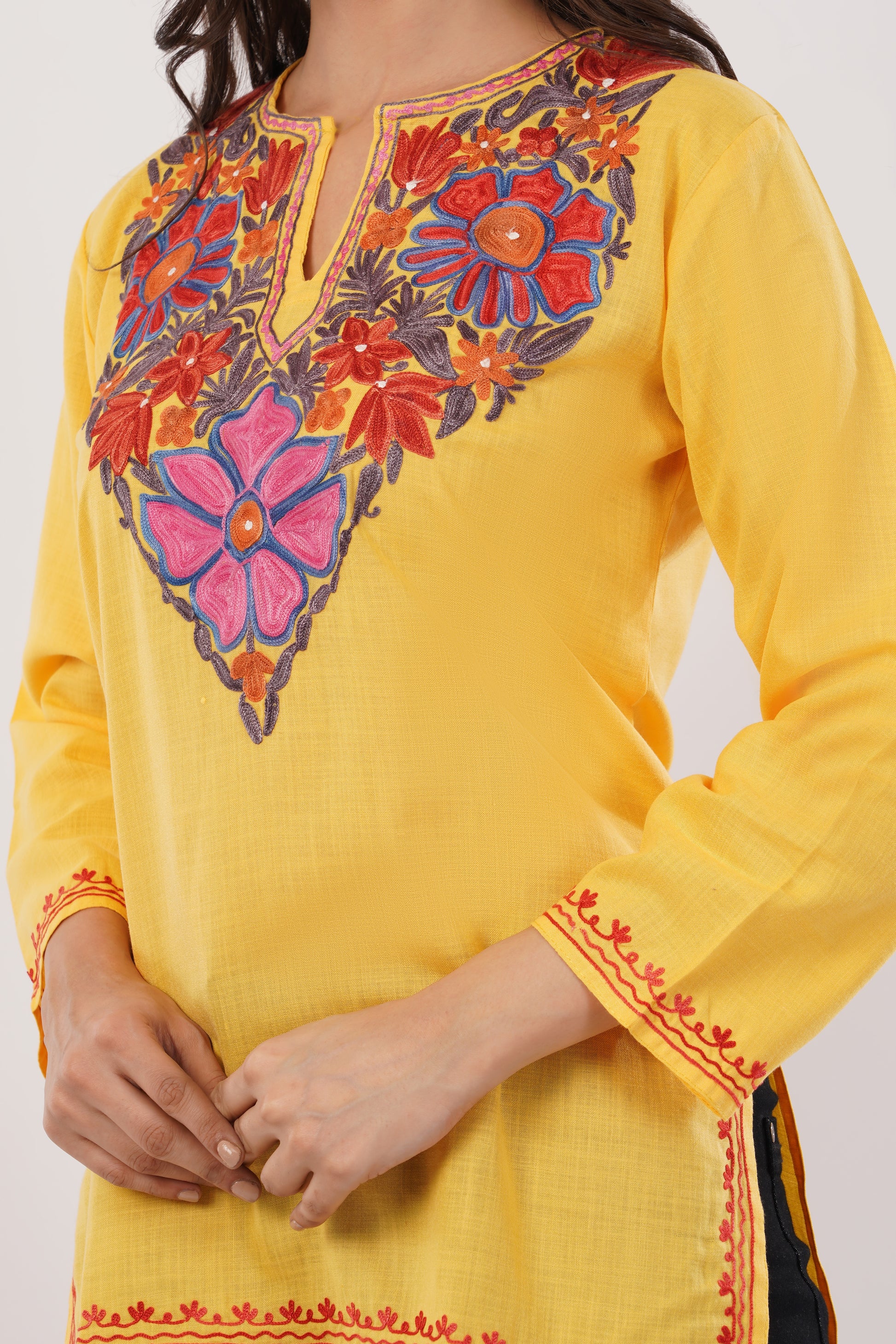 Kashmiri Aari embroidery Cotton Short Kurti Size-38( Yellow)