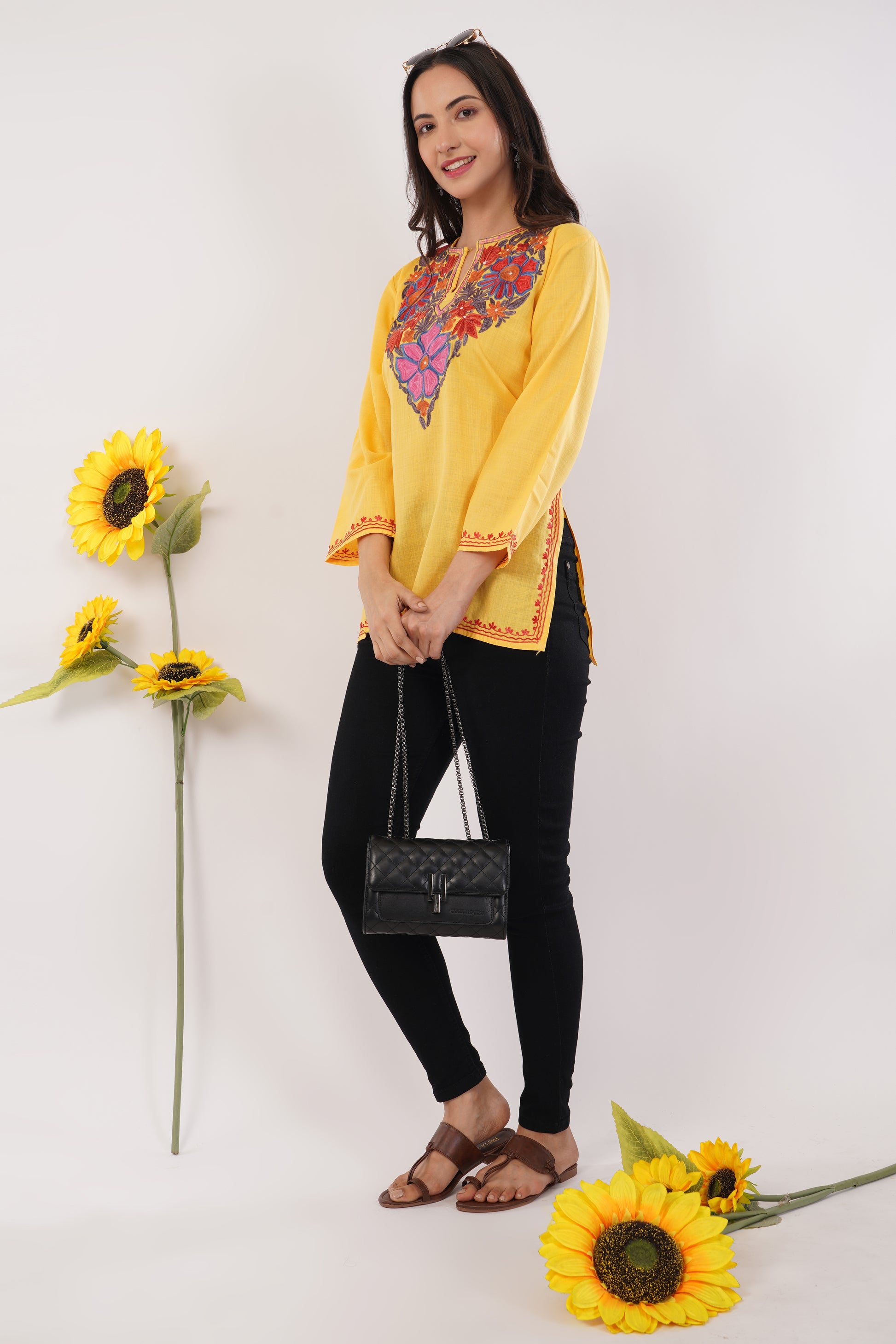 Kashmiri Aari embroidery Cotton Short Kurti Size-38( Yellow)