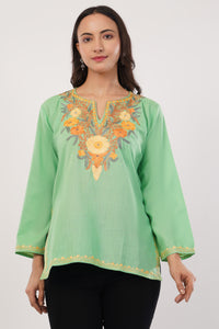 Kashmiri Aari embroidery Cotton Short Kurti Size-38 (Green)