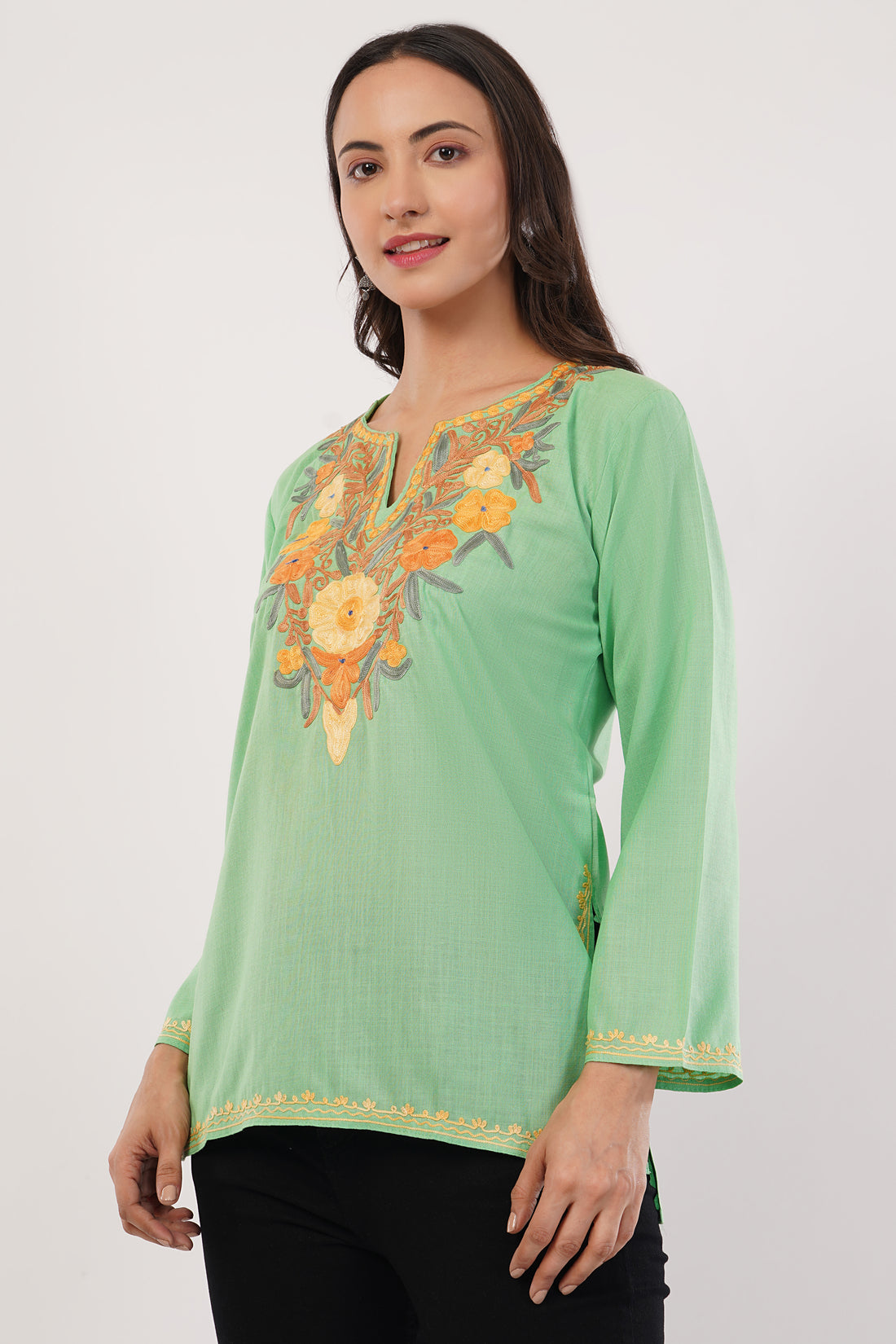 Kashmiri Aari embroidery Cotton Short Kurti Size-38 (Green)