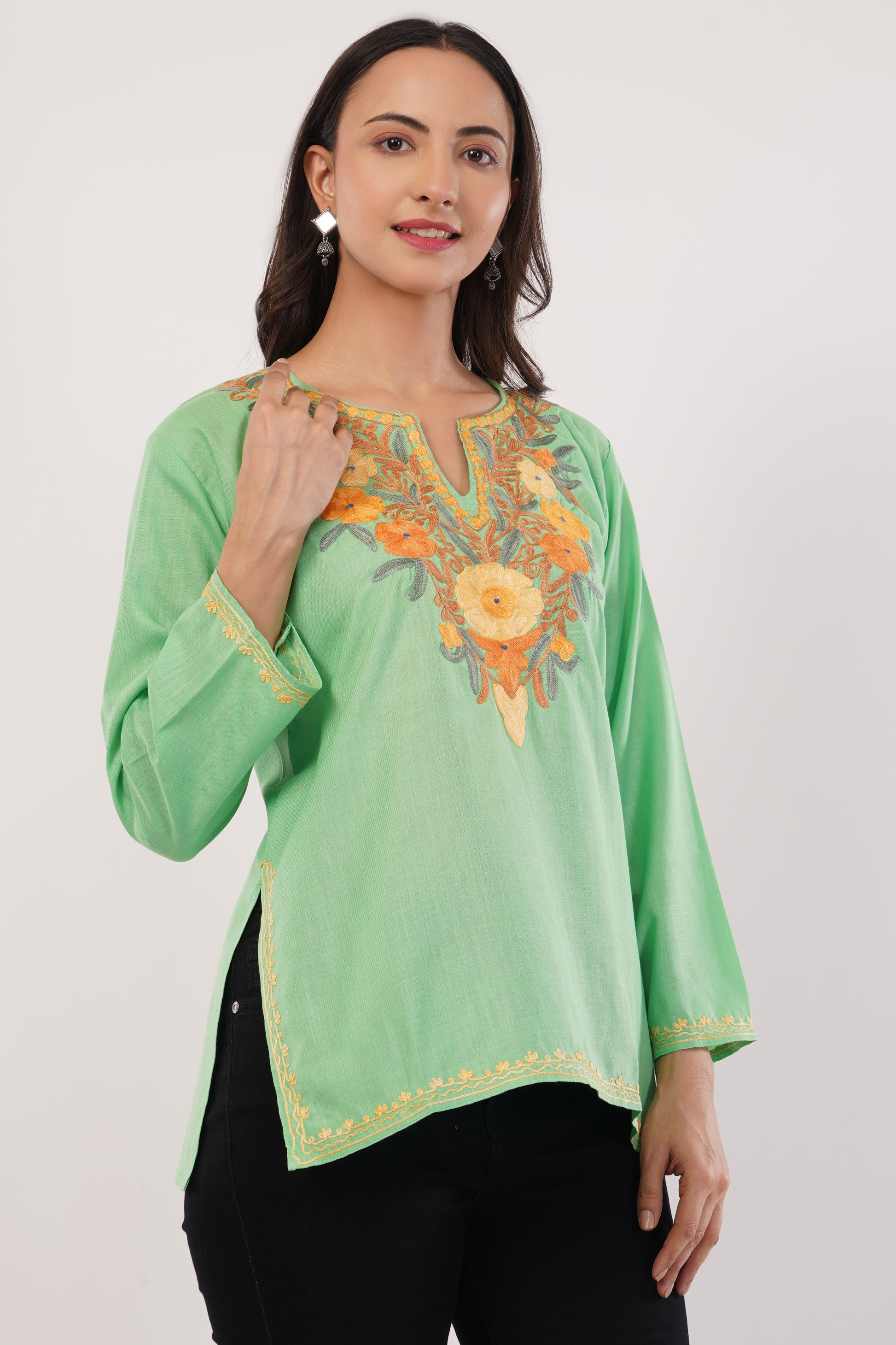 Kashmiri Aari embroidery Cotton Short Kurti Size-38 (Green)