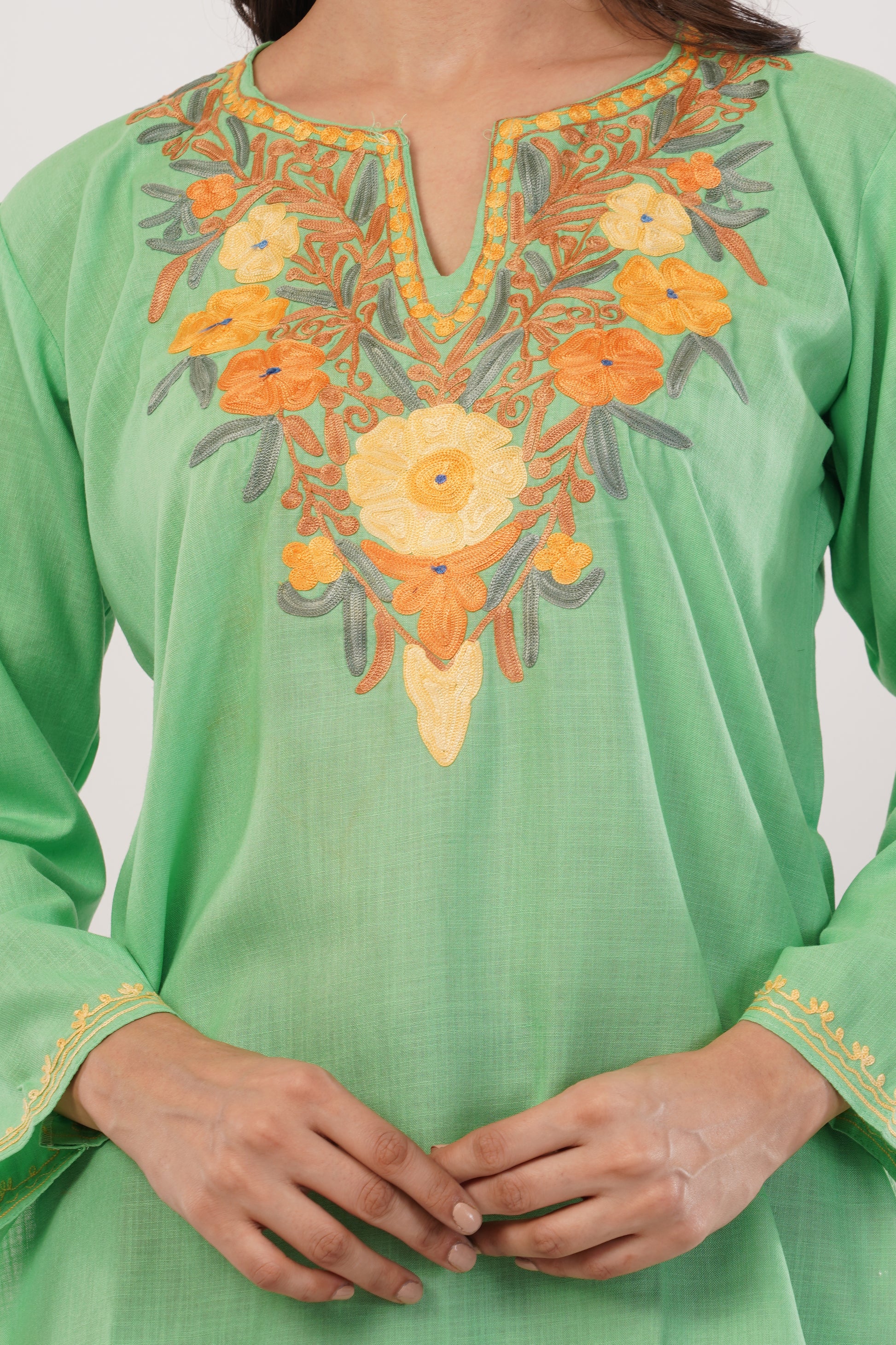 Kashmiri Aari embroidery Cotton Short Kurti Size-38 (Green)