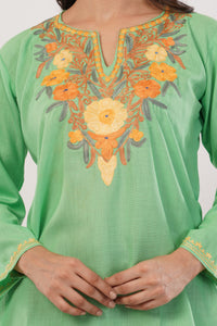 Kashmiri Aari embroidery Cotton Short Kurti Size-38 (Green)