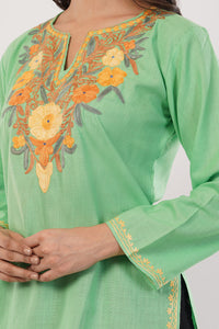 Kashmiri Aari embroidery Cotton Short Kurti Size-38 (Green)