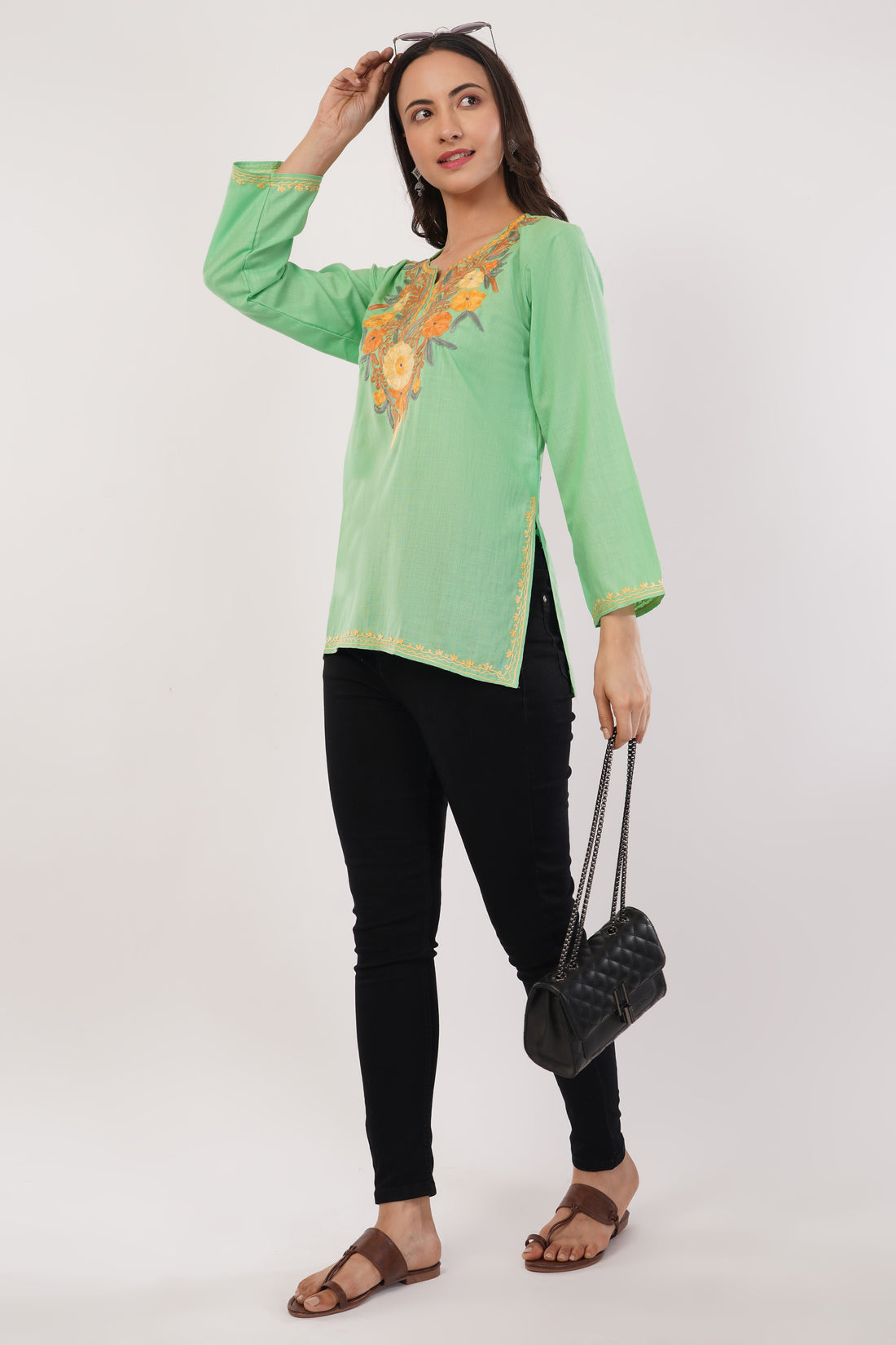 Kashmiri Aari embroidery Cotton Short Kurti Size-38 (Green)