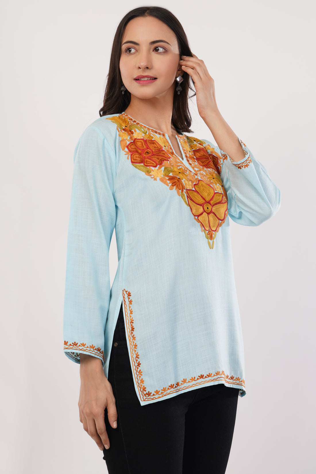 Kashmiri Aari embroidery Cotton Short Kurti Size-36(Sky Blue)