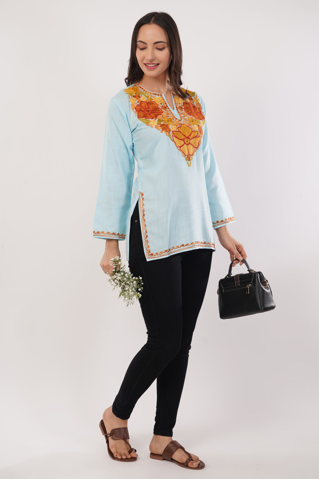 Kashmiri Aari embroidery Cotton Short Kurti Size-36(Sky Blue)