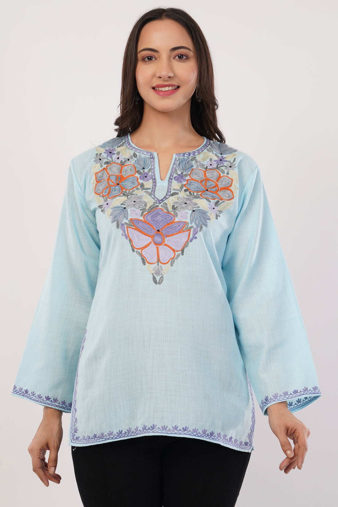 Kashmiri Aari embroidery Cotton Short Kurti Size-36(Sky Blue)