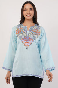 Kashmiri Aari embroidery Cotton Short Kurti Size-36(Sky Blue)