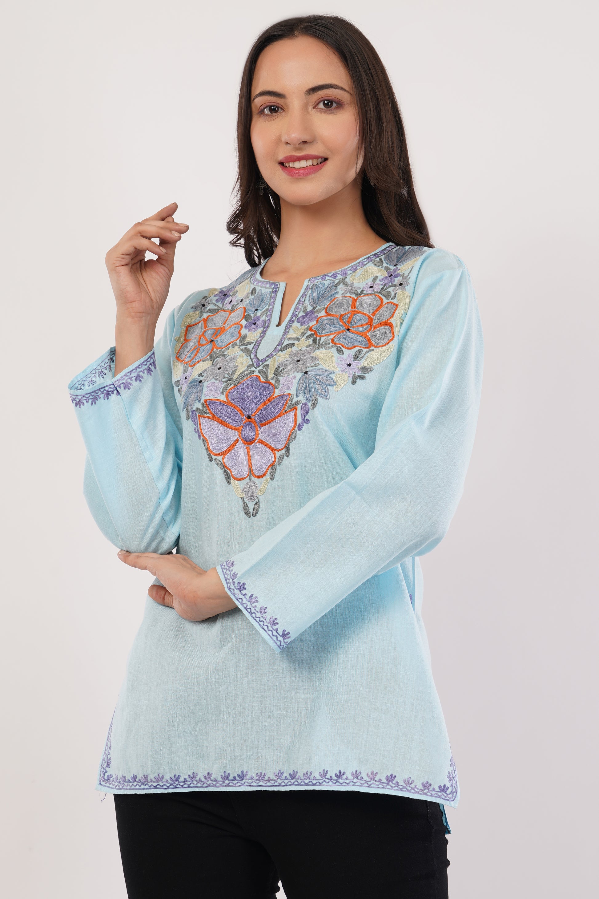 Kashmiri Aari embroidery Cotton Short Kurti Size-36(Sky Blue)