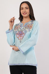 Kashmiri Aari embroidery Cotton Short Kurti Size-36(Sky Blue)