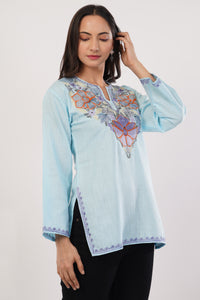 Kashmiri Aari embroidery Cotton Short Kurti Size-36(Sky Blue)