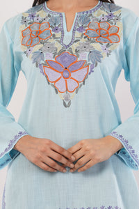 Kashmiri Aari embroidery Cotton Short Kurti Size-36(Sky Blue)