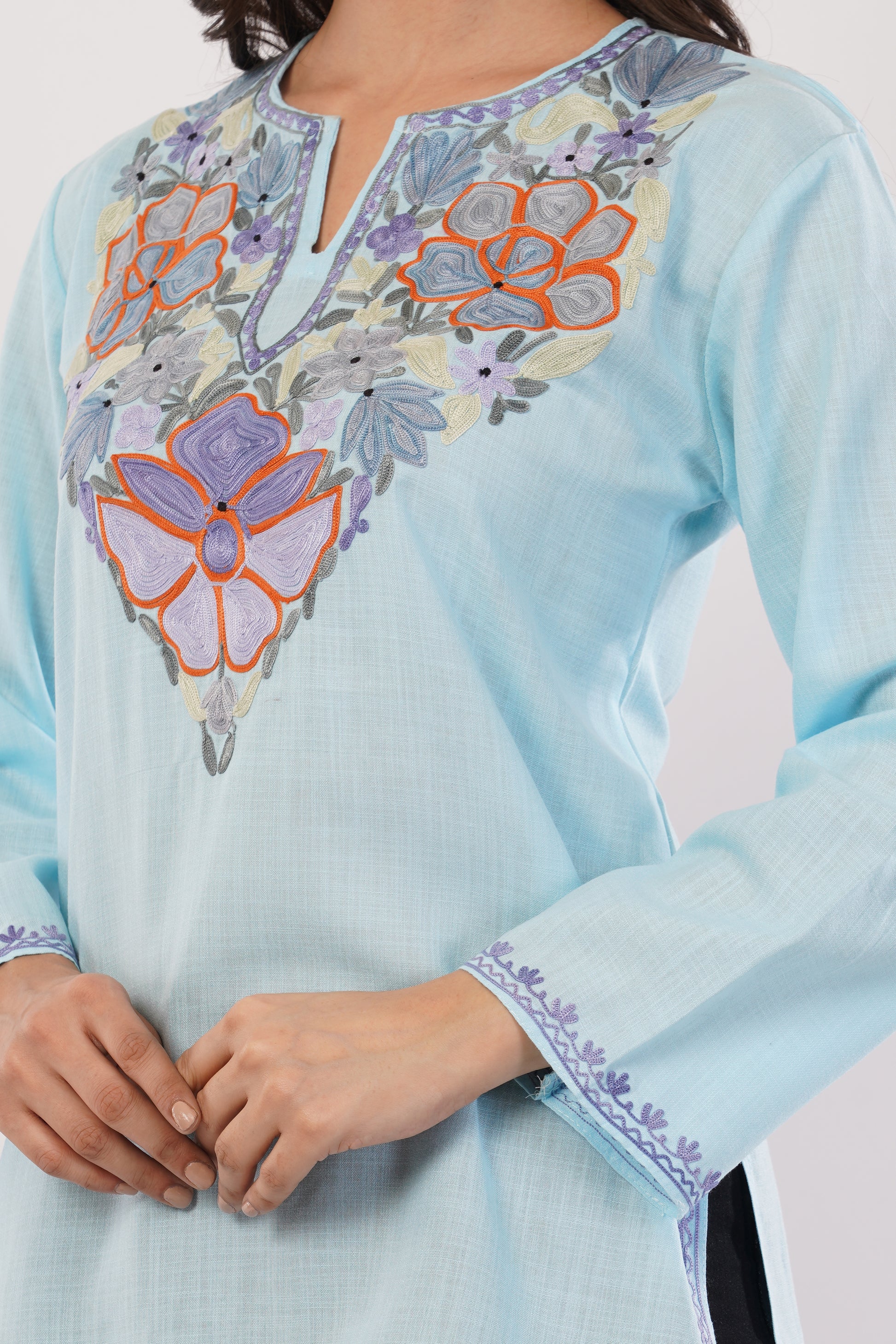 Kashmiri Aari embroidery Cotton Short Kurti Size-36(Sky Blue)