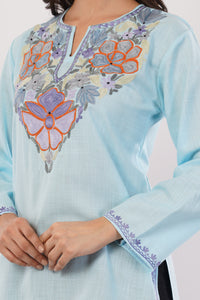 Kashmiri Aari embroidery Cotton Short Kurti Size-36(Sky Blue)