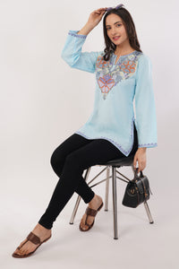 Kashmiri Aari embroidery Cotton Short Kurti Size-36(Sky Blue)