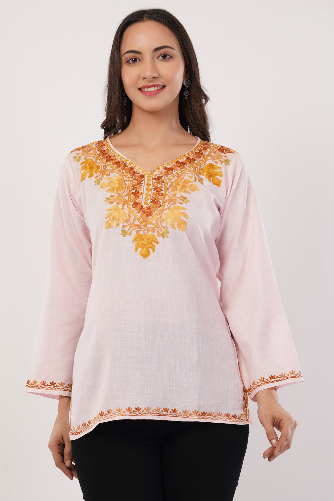 Kashmiri Aari embroidery Cotton Short Kurti Size-38( Baby Pink)