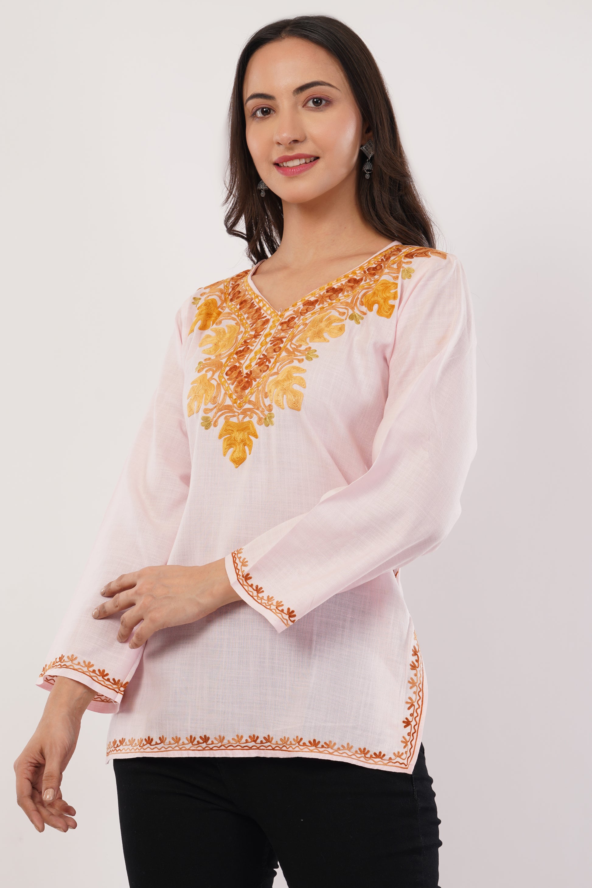 Kashmiri Aari embroidery Cotton Short Kurti Size-38( Baby Pink)