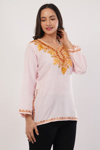 Kashmiri Aari embroidery Cotton Short Kurti Size-38( Baby Pink)