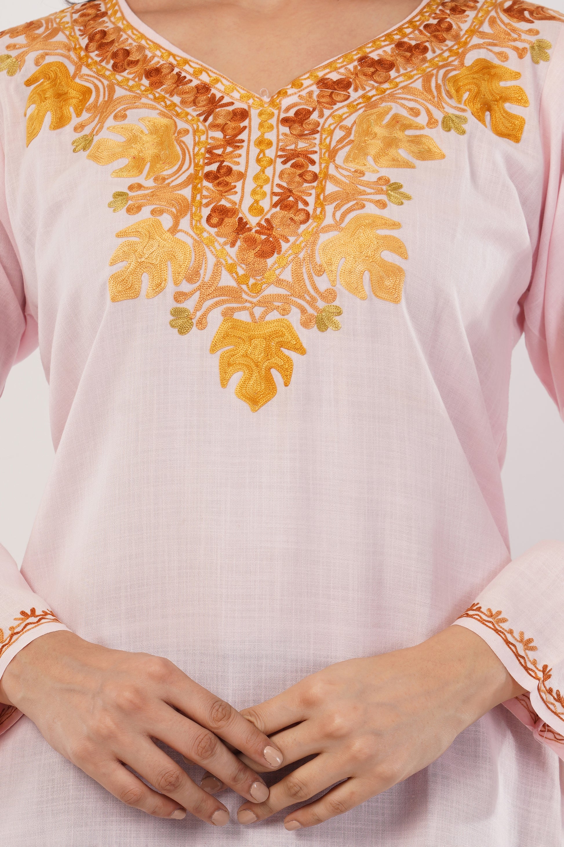 Kashmiri Aari embroidery Cotton Short Kurti Size-38( Baby Pink)