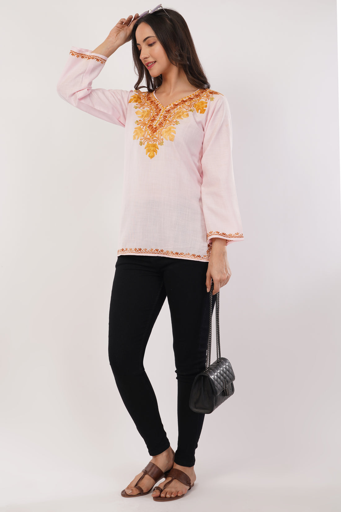 Kashmiri Aari embroidery Cotton Short Kurti Size-38( Baby Pink)