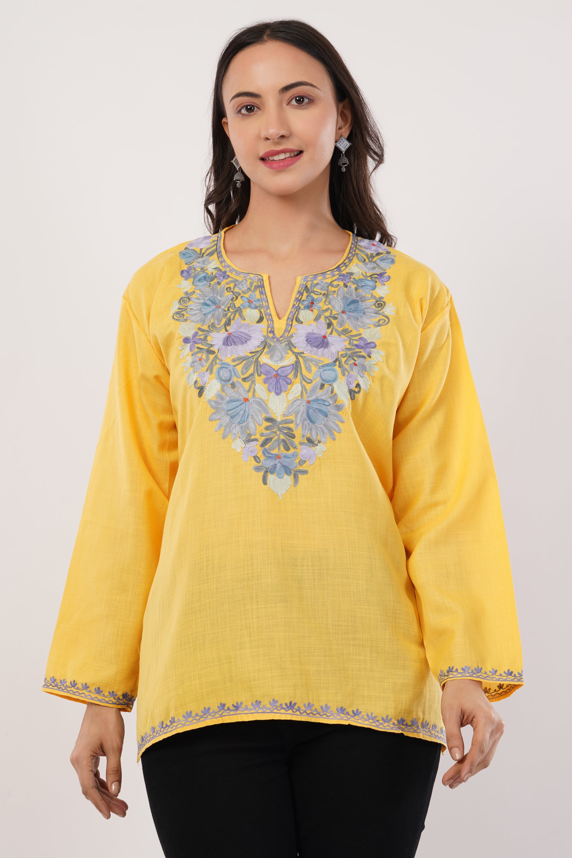 Kashmiri Aari embroidery Cotton Short Kurti Size-38 (Yellow)