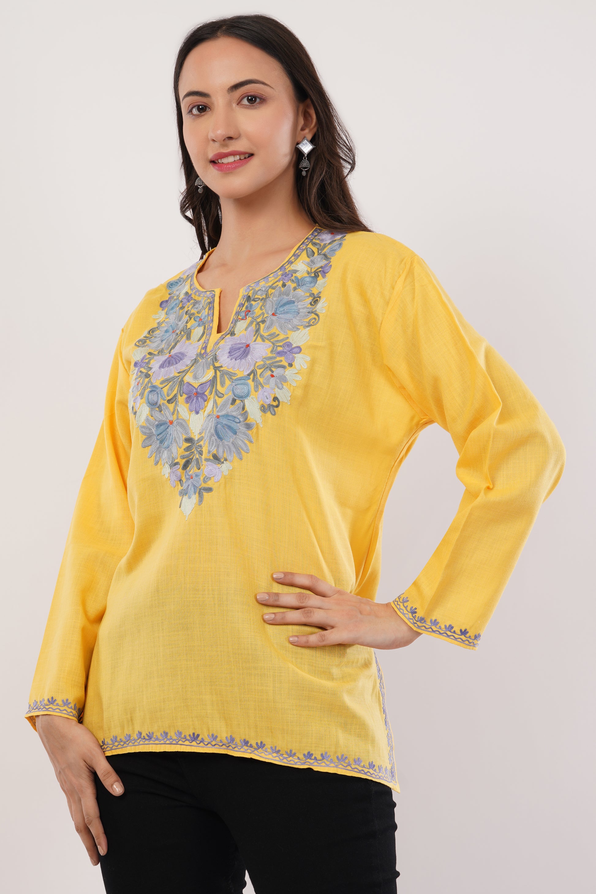 Kashmiri Aari embroidery Cotton Short Kurti Size-38 (Yellow)