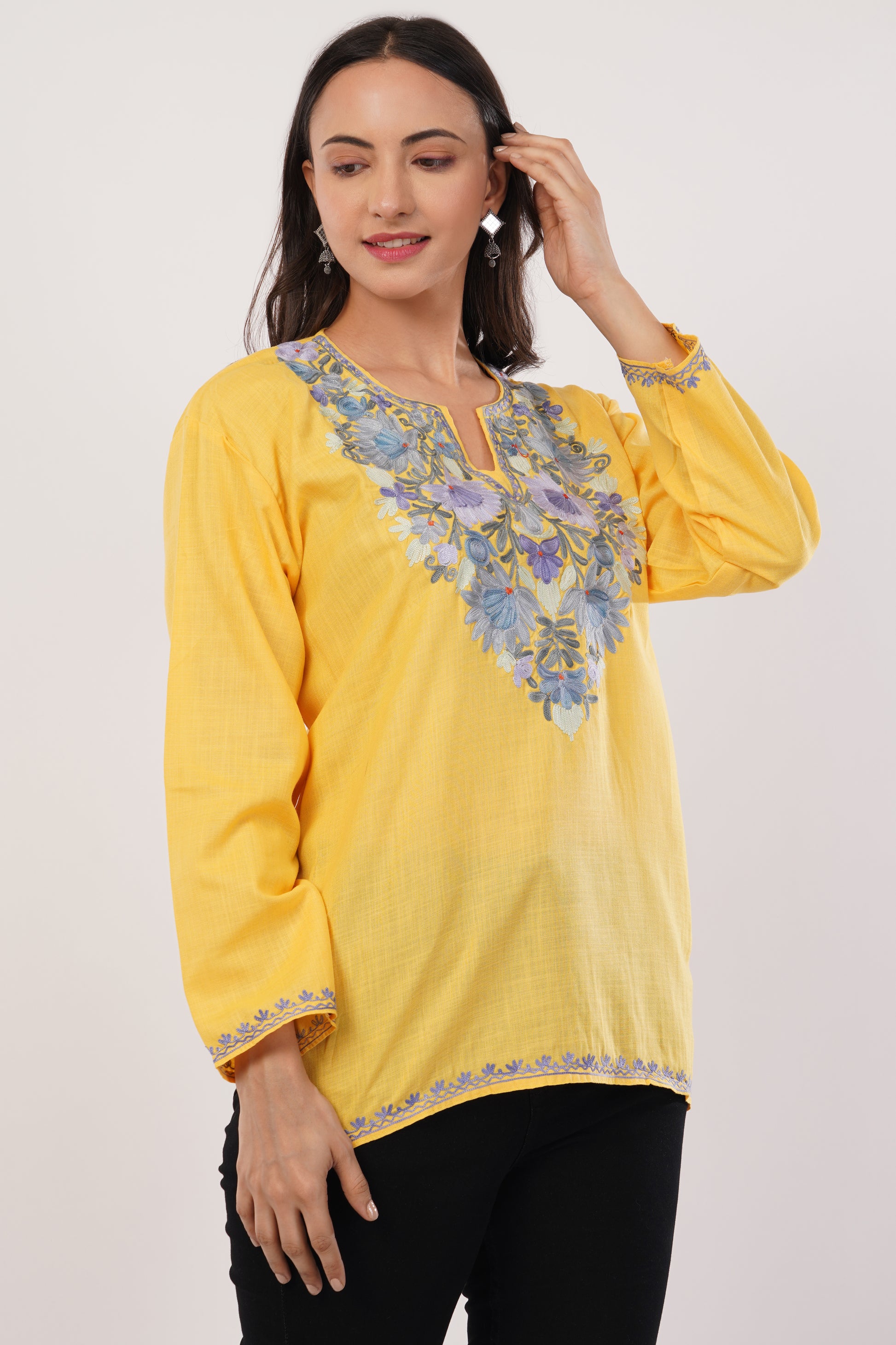 Kashmiri Aari embroidery Cotton Short Kurti Size-38 (Yellow)