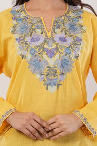 Kashmiri Aari embroidery Cotton Short Kurti Size-38 (Yellow)