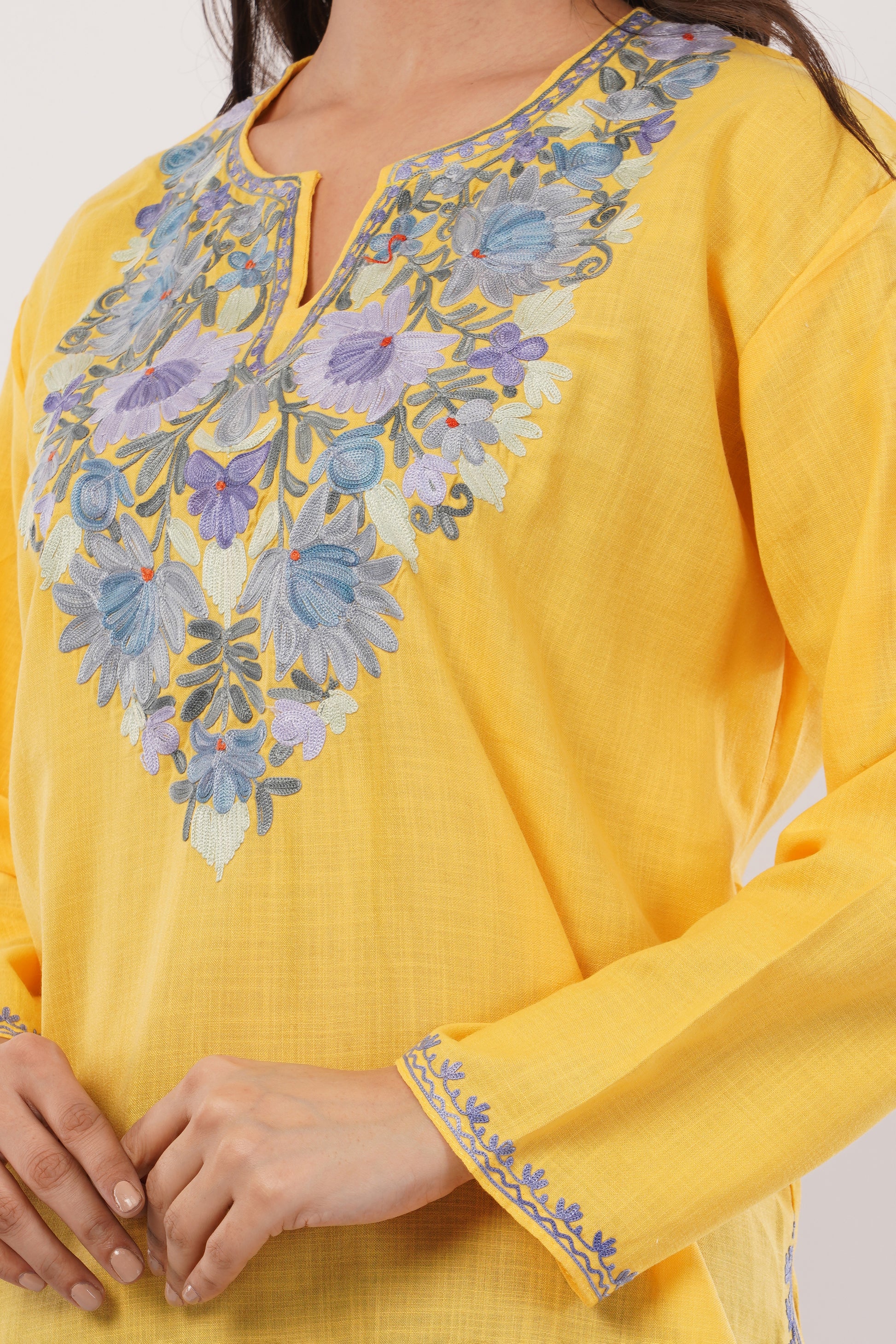 Kashmiri Aari embroidery Cotton Short Kurti Size-38 (Yellow)