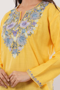 Kashmiri Aari embroidery Cotton Short Kurti Size-38 (Yellow)
