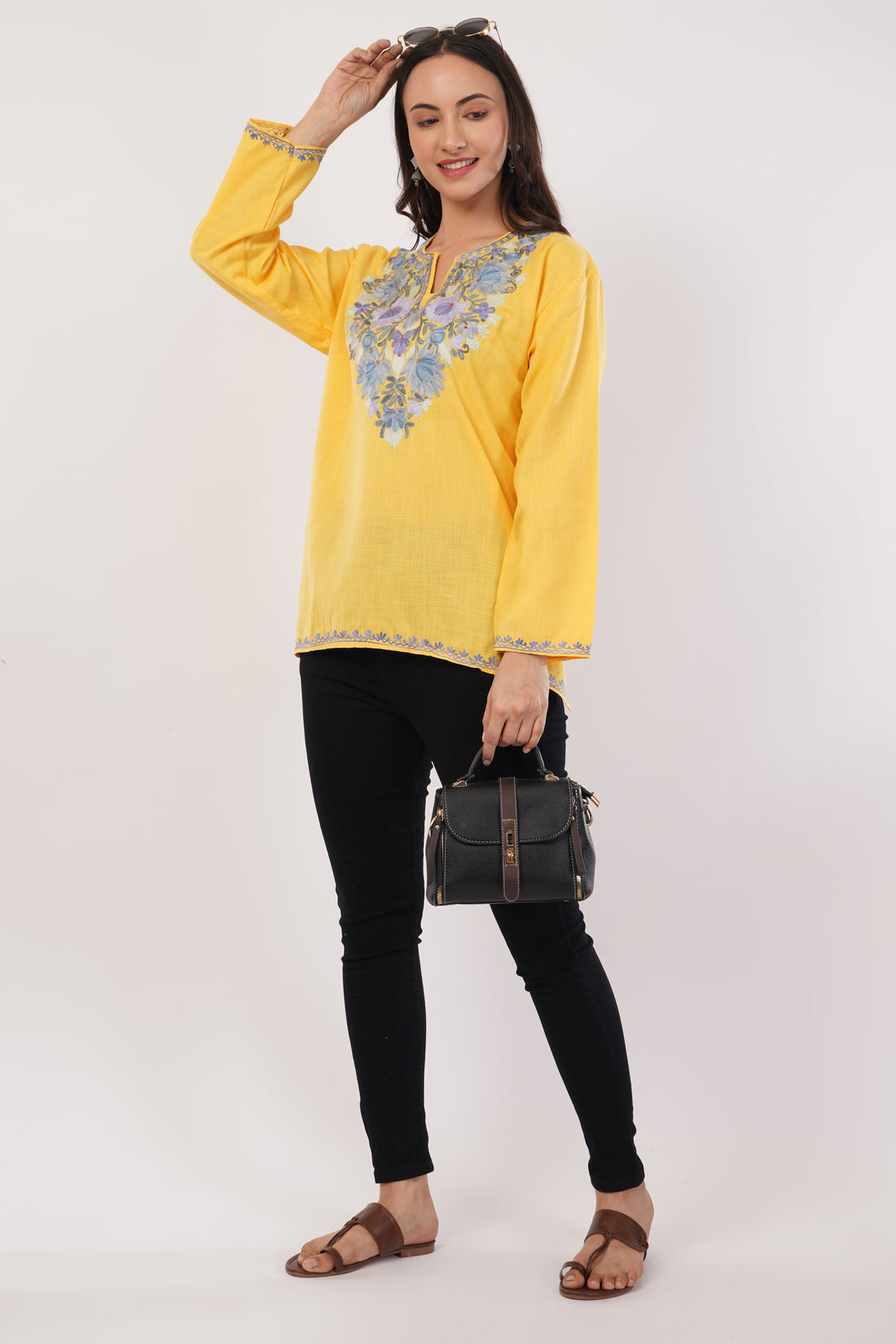 Kashmiri Aari embroidery Cotton Short Kurti Size-38 (Yellow)