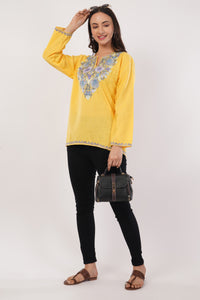 Kashmiri Aari embroidery Cotton Short Kurti Size-38 (Yellow)