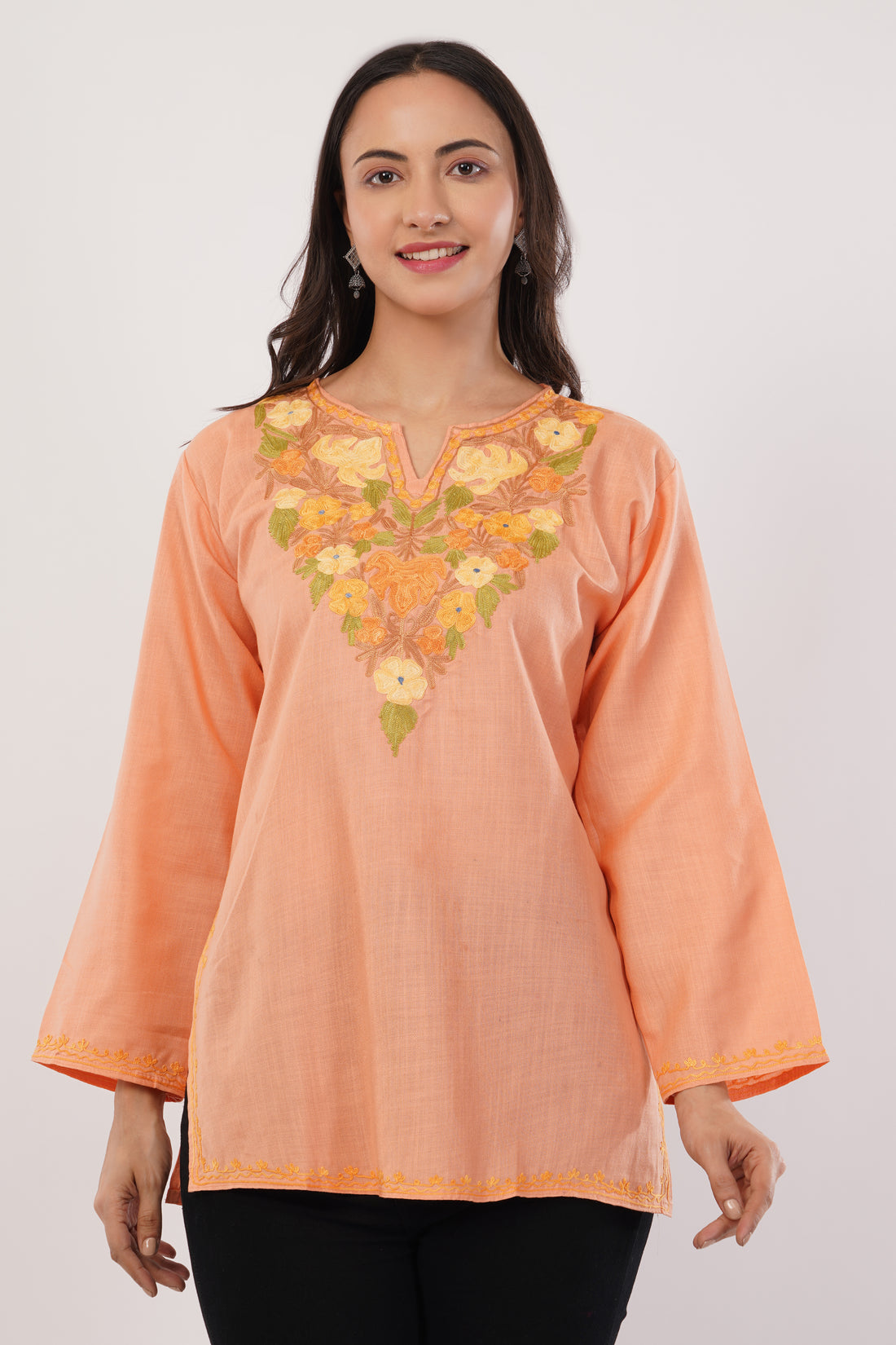 Kashmiri Aari embroidery Cotton Short Kurti Size-38 (Peach)