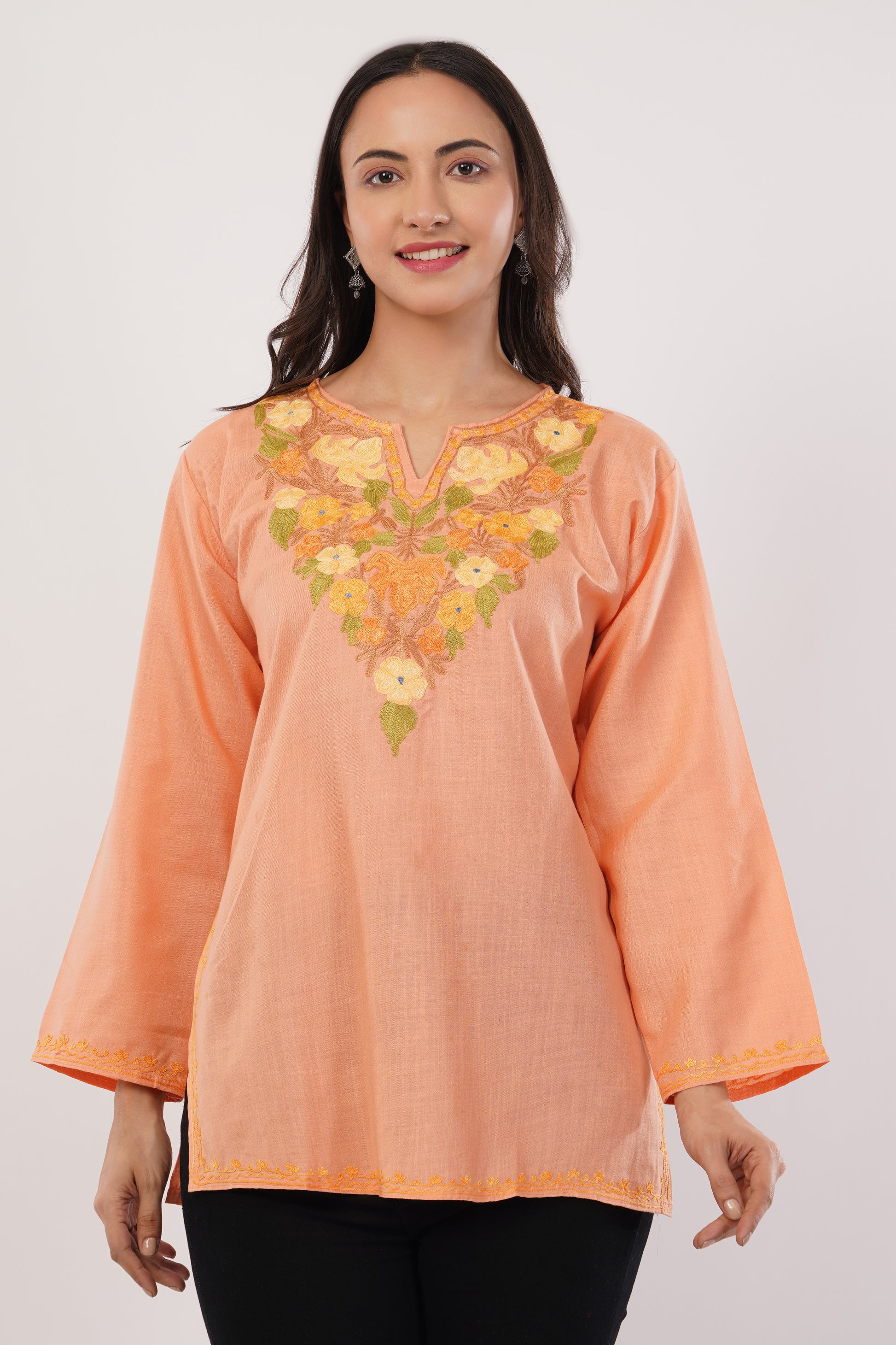 Kashmiri Aari embroidery Cotton Short Kurti Size-38 (Peach)