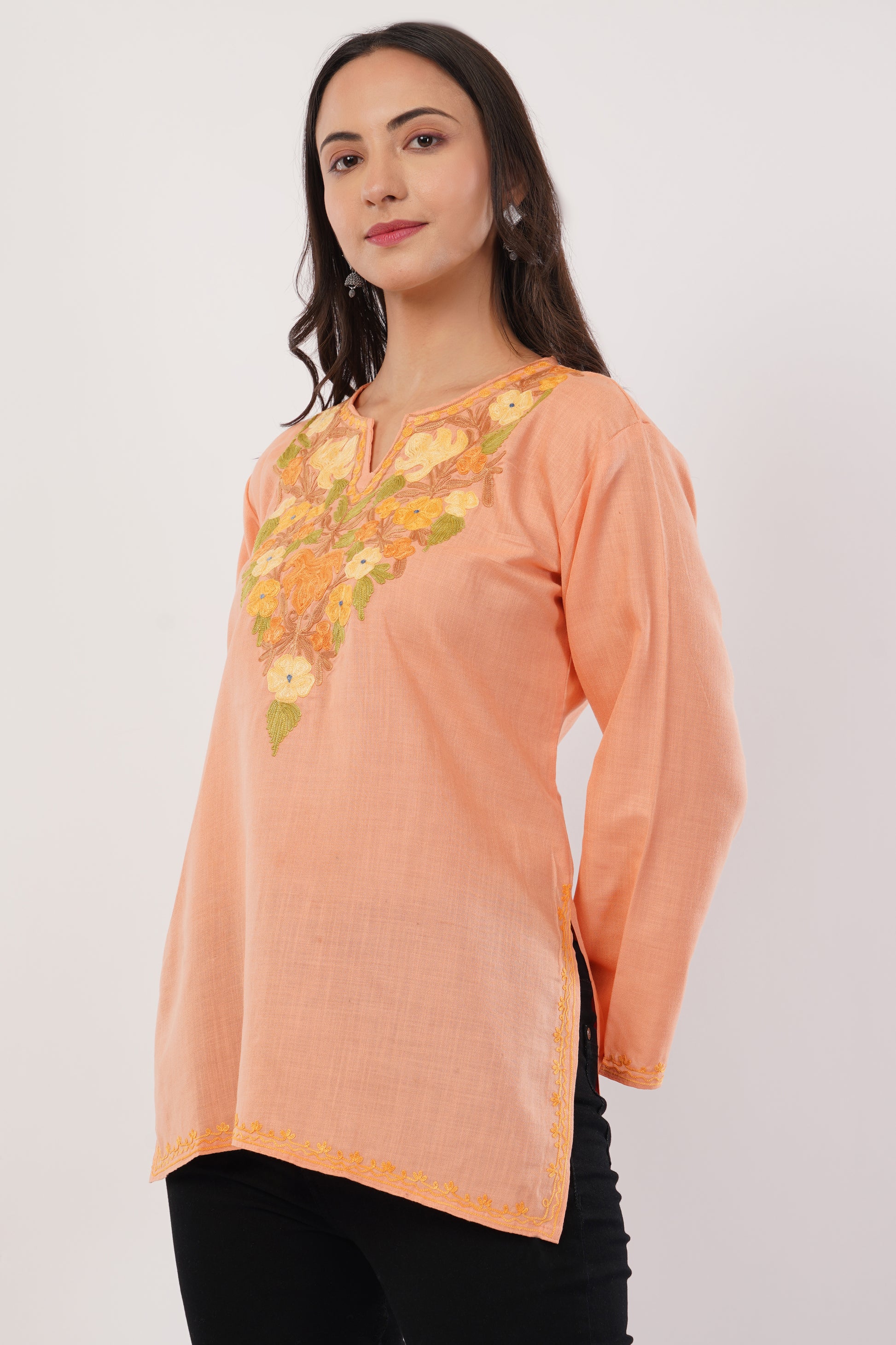 Kashmiri Aari embroidery Cotton Short Kurti Size-38 (Peach)