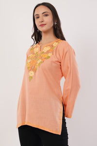 Kashmiri Aari embroidery Cotton Short Kurti Size-38 (Peach)